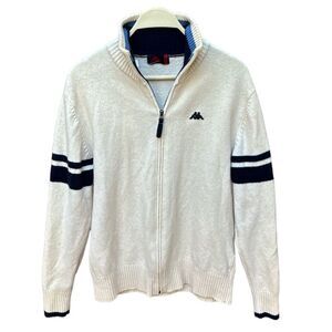 Kappa Off White With Navy Striped Sleeves Full Zipper Wool Sweater Size Large